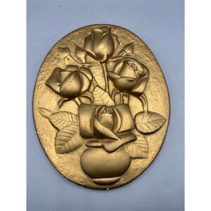 Vtg Gold Oval Floral Wall Plaque Plaster 3D Raised Roses‎ Hollywood Regency